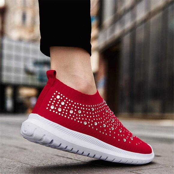 Women's Mesh Walking Shoes Rhinestone Glitter Slip On Ballroom Sneakers Red - Picture 5 of 6
